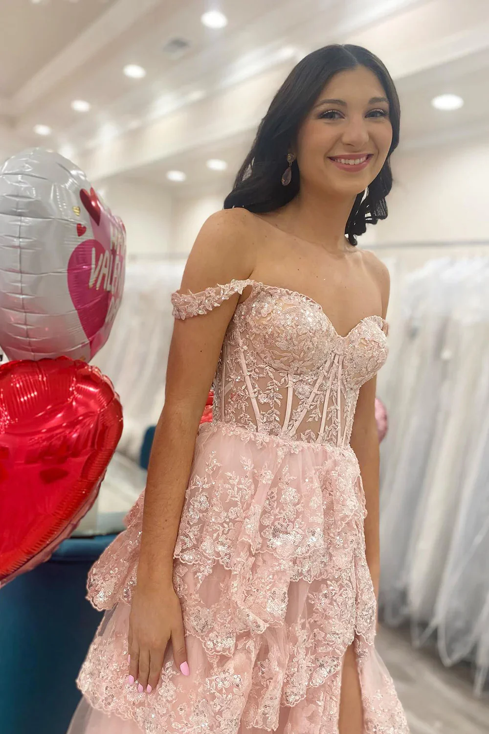 Pretty A-Line Off The Shoulder Pink Lace Slit Long Prom Dresses Formal Evening Dress