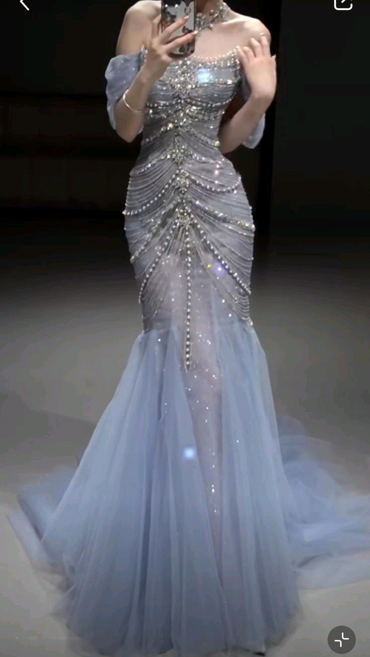 Pretty Mermaid Off The Shoulder Blue Tulle Silver Beads Long Prom Dresses Formal Evening Dress