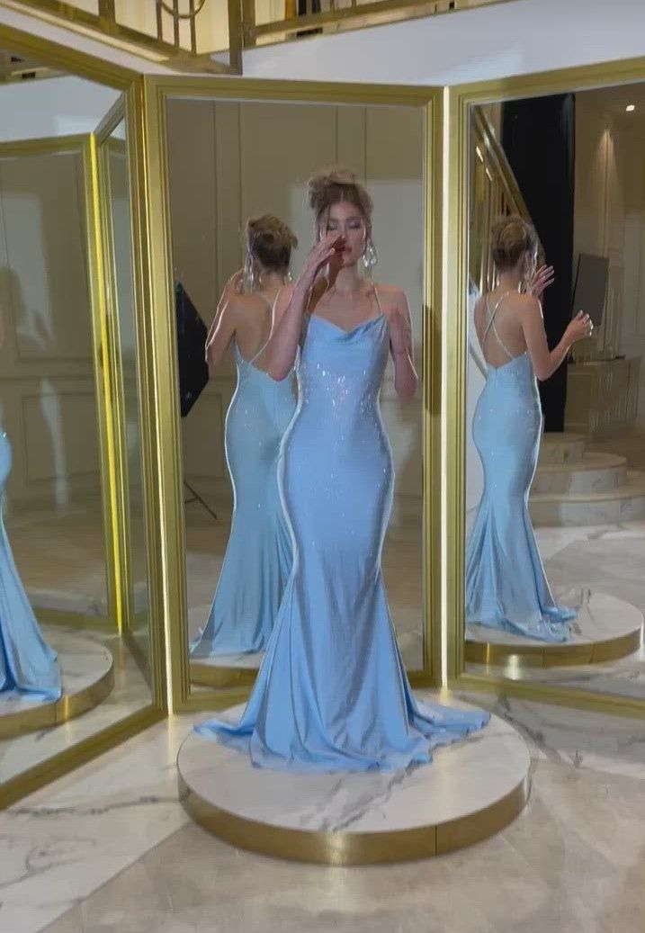 Sexy Mermaid Spaghetti Straps Blue Sequin Long Prom Dresses Long Party Dress
