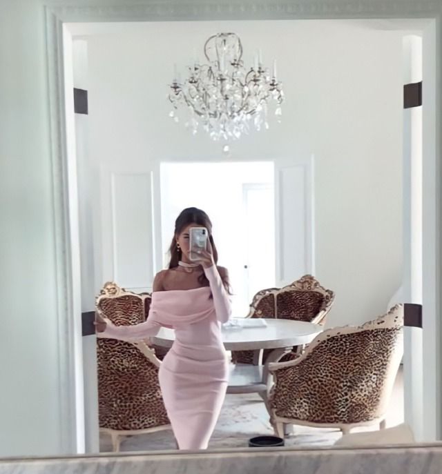 Pretty Sheath Off The Shoulder Pink Long Sleeves Prom Dresses Formal Evening Dress