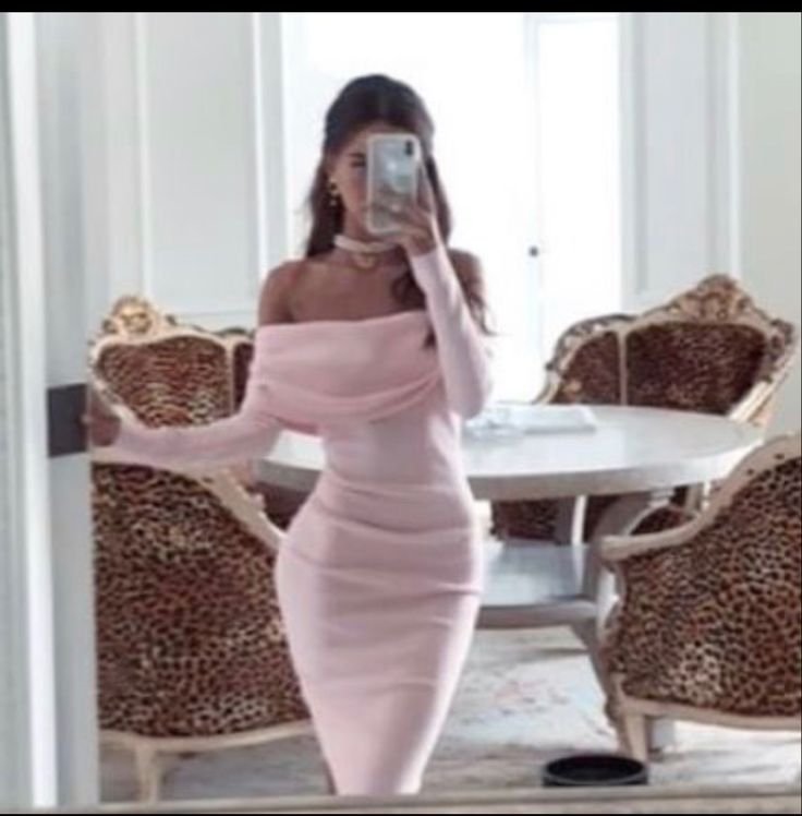 Pretty Sheath Off The Shoulder Pink Long Sleeves Prom Dresses Formal Evening Dress