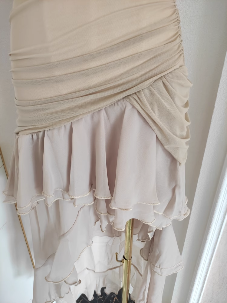 Sexy High Low Strapless Champagne Chiffon Ruffles Vacation Dress Women Dresses