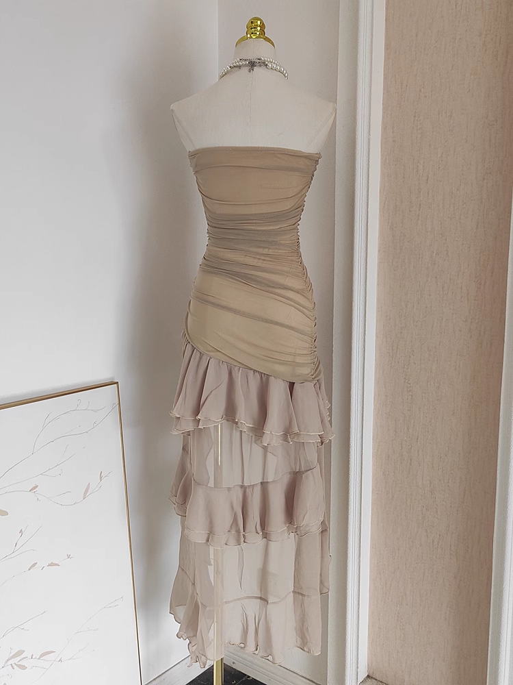 Sexy High Low Strapless Champagne Chiffon Ruffles Vacation Dress Women Dresses