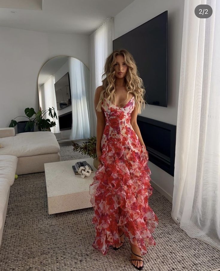 Pretty A Line Spaghetti Straps Floral Red Sleeveless Ruffles Evening Prom Dresses
