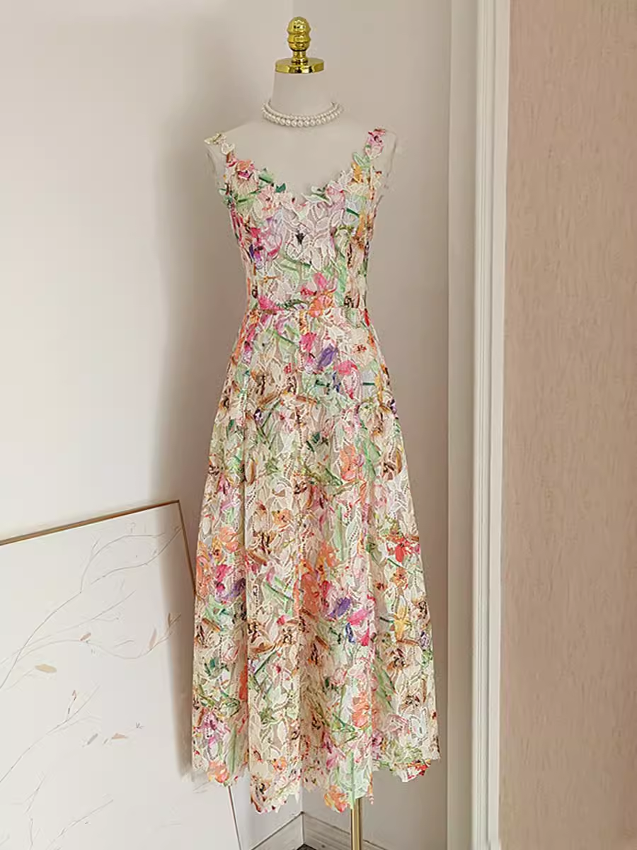Sexy A line Straps Floral Lace Vacation Dress Women Dresses