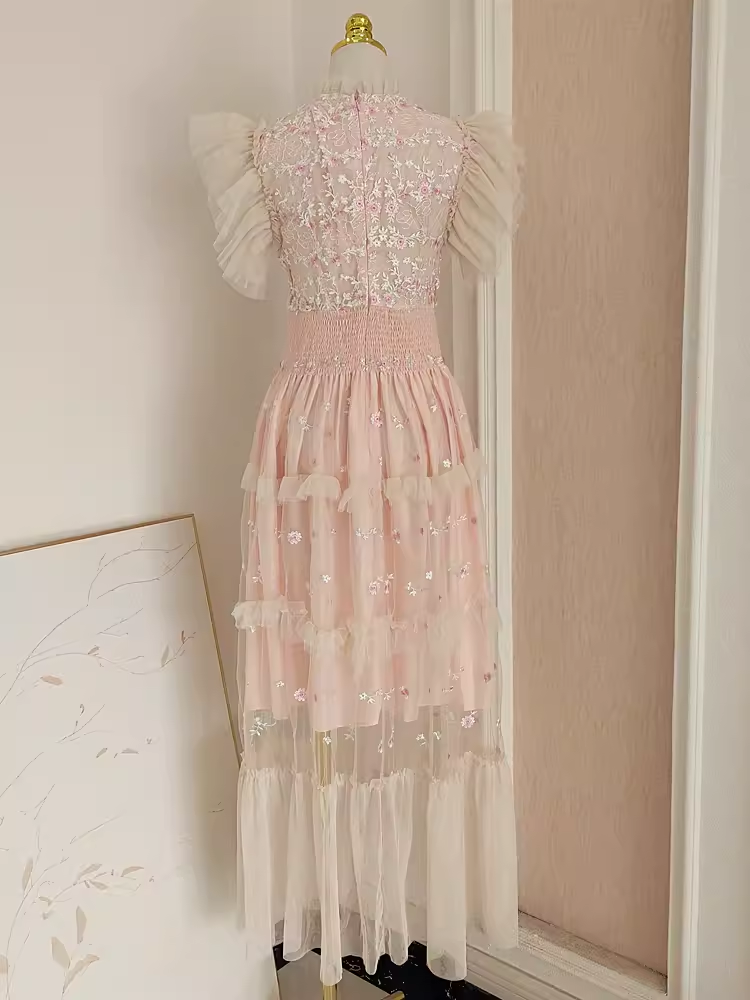 Cute A line High Neck Floral Lace Vacation Dress Tulle Long Women Dresses