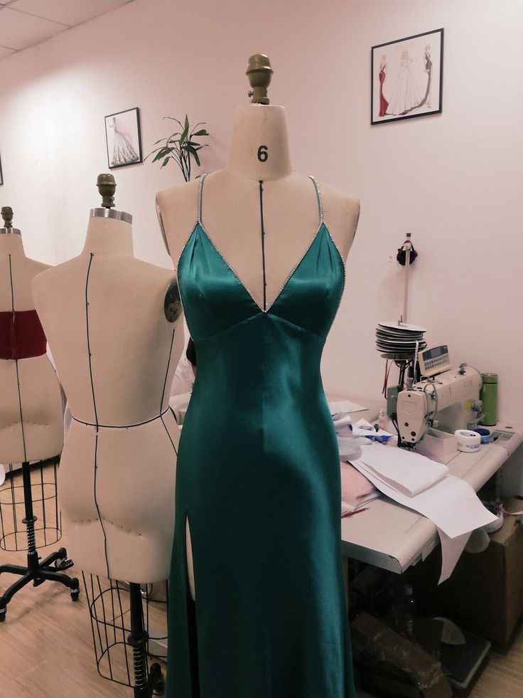 Classy Teal Blue Satin V-neck Formal Prom Party Dress with Slit