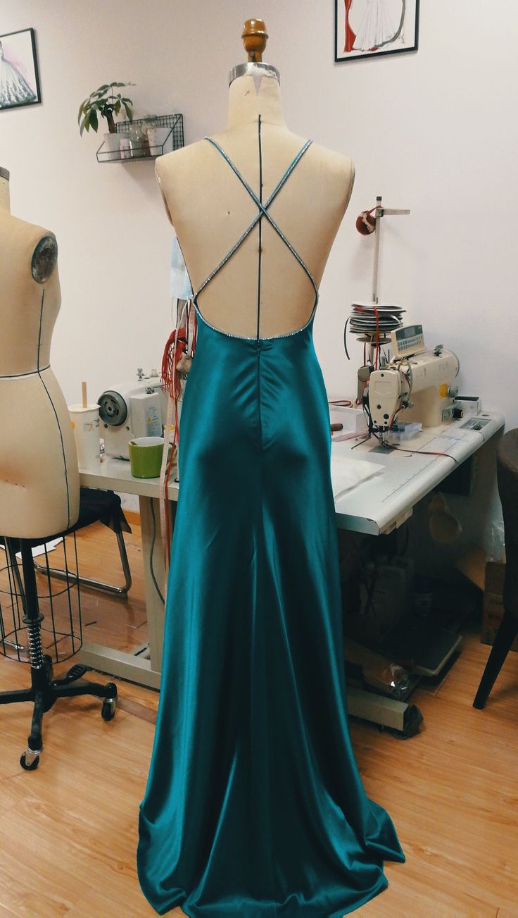 Classy Teal Blue Satin V-neck Formal Prom Party Dress with Slit