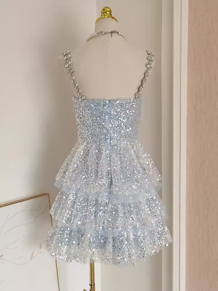 Sexy A line Straps Sequin Travel Vacation Dress Short Birthday Dress