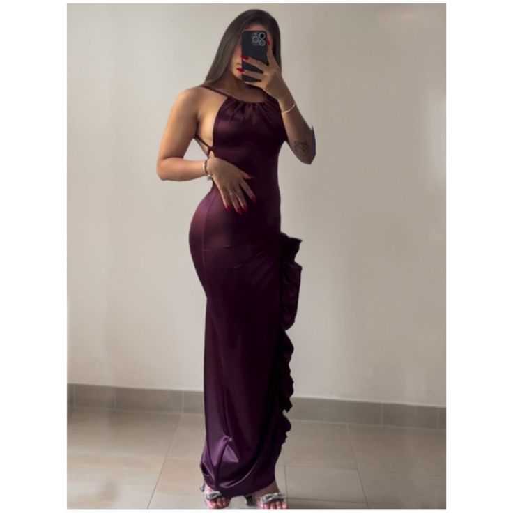 Classy Sheath Halter Satin Burgundy Sleeveless High Low Prom Dresses
