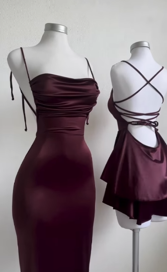 Classy Sheath Spaghetti Straps Burgundy Satin Sleeveless Long Backless Prom Dresses