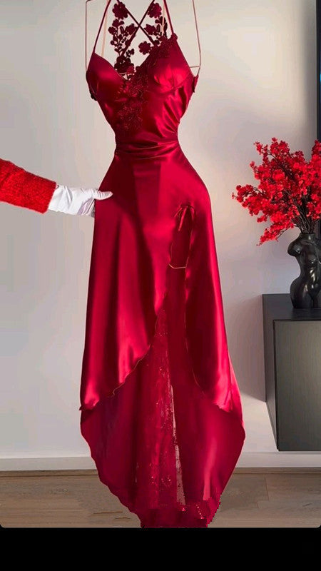 Classy A Line Halter Red Sleeveless Long Party Dress Prom Dresses