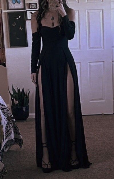 Classy A line Off The Shoulder Black Long Party Dress Slit Prom Dresses