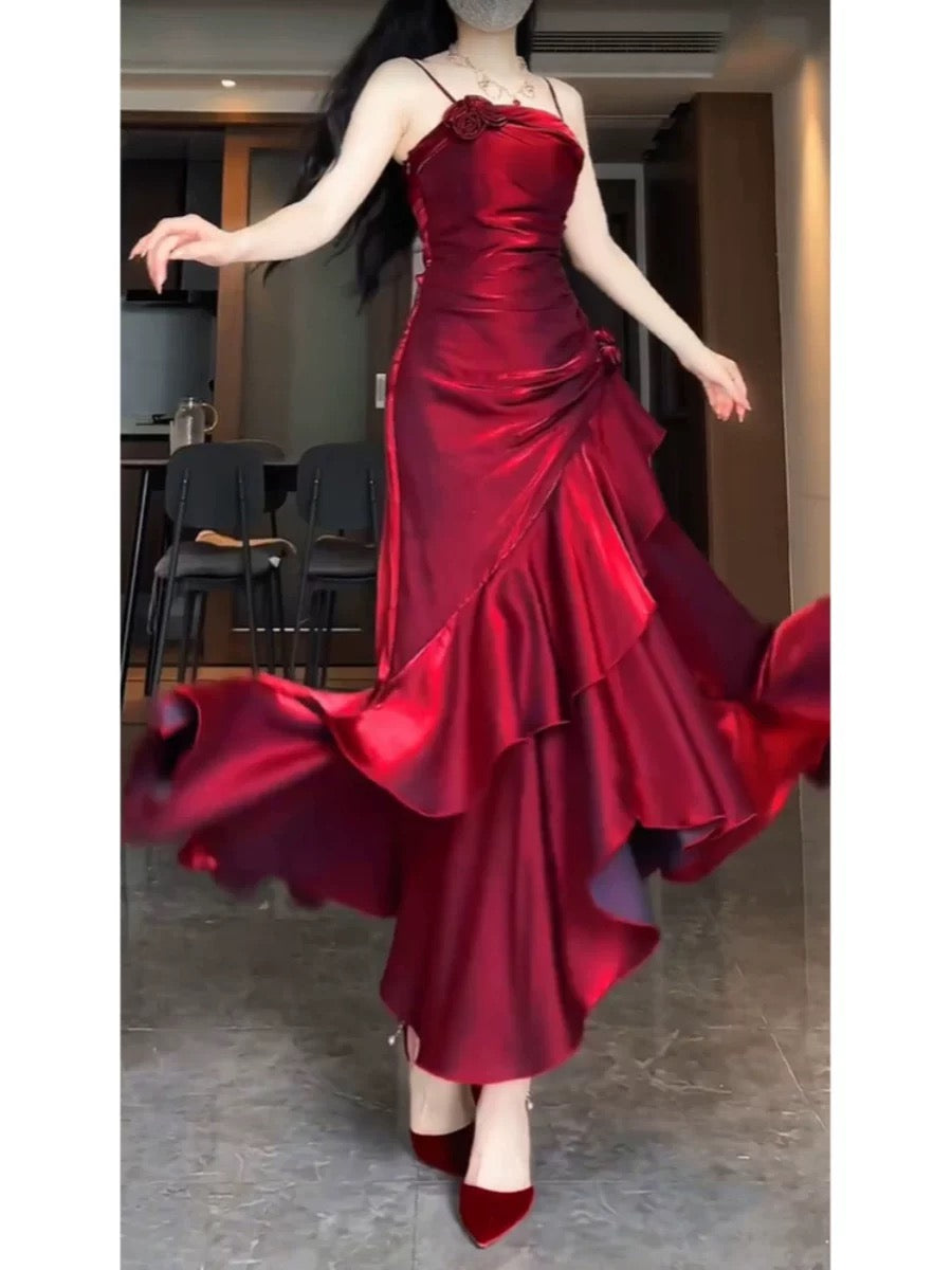 Simple Mermaid Spaghetti Straps Burgundy Party Dress Long Prom Dresses