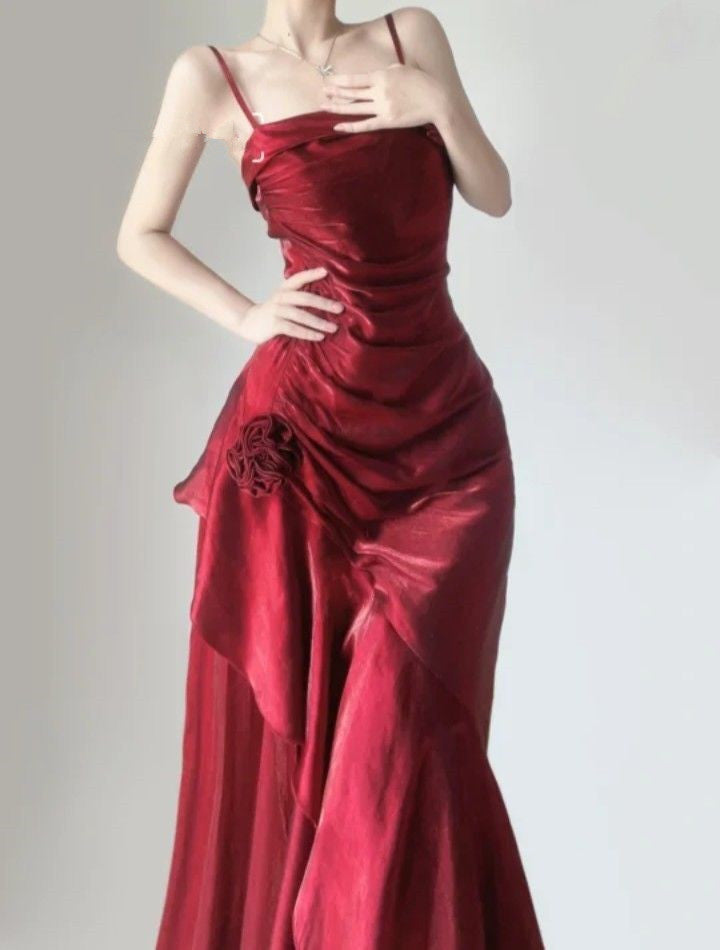 Simple Mermaid Spaghetti Straps Burgundy Party Dress Long Prom Dresses