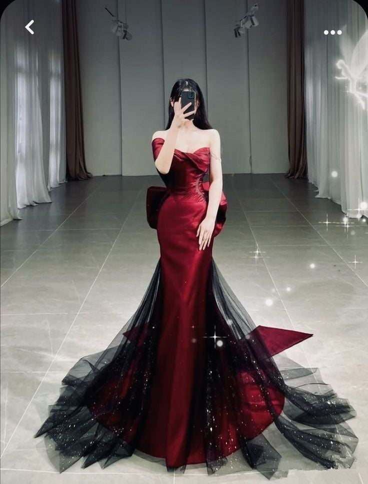 Classy Mermaid Off The Shoulder Burgundy Long Party Dress Satin Prom Dresses