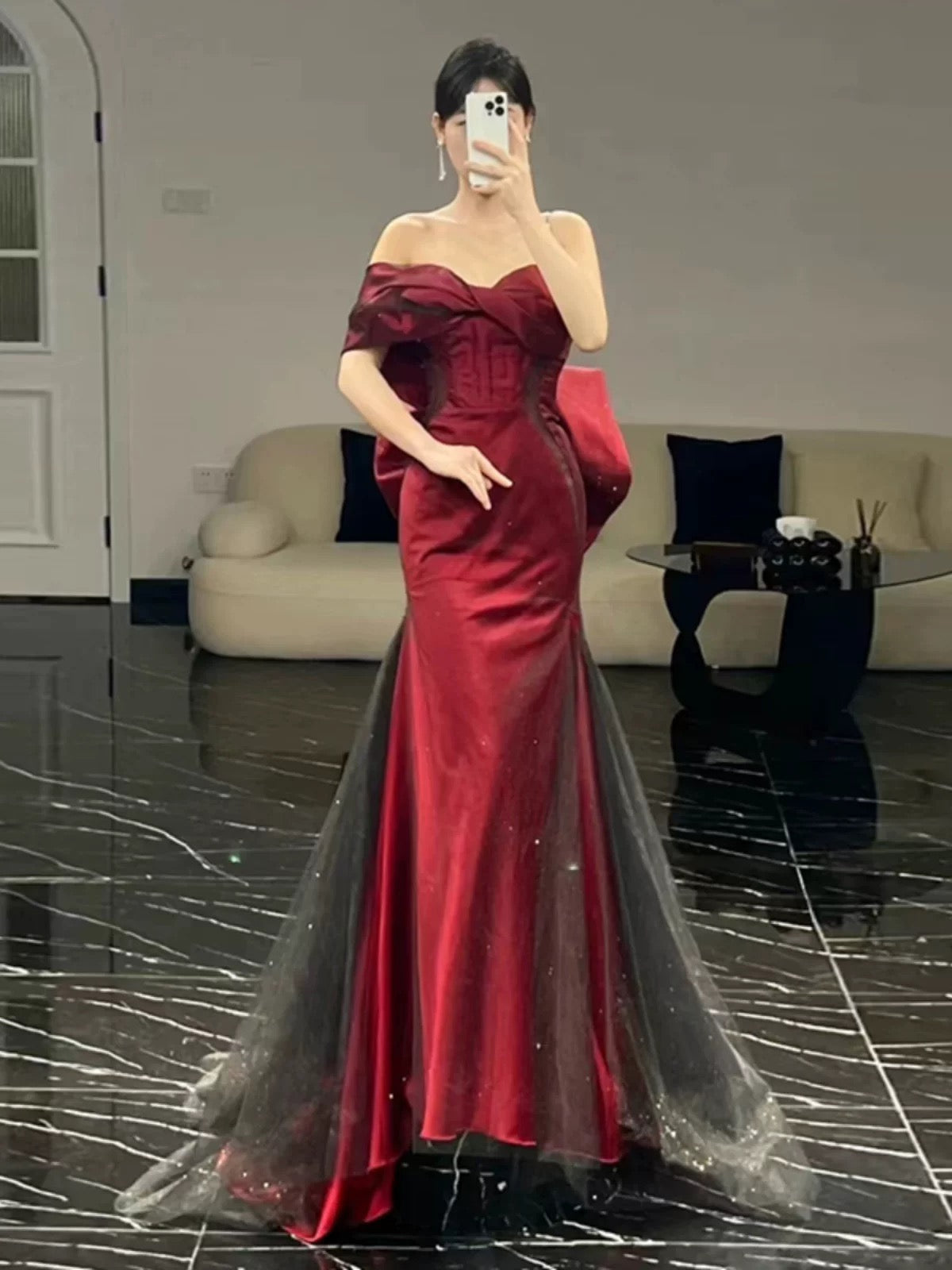 Classy Mermaid Off The Shoulder Burgundy Long Party Dress Satin Prom Dresses