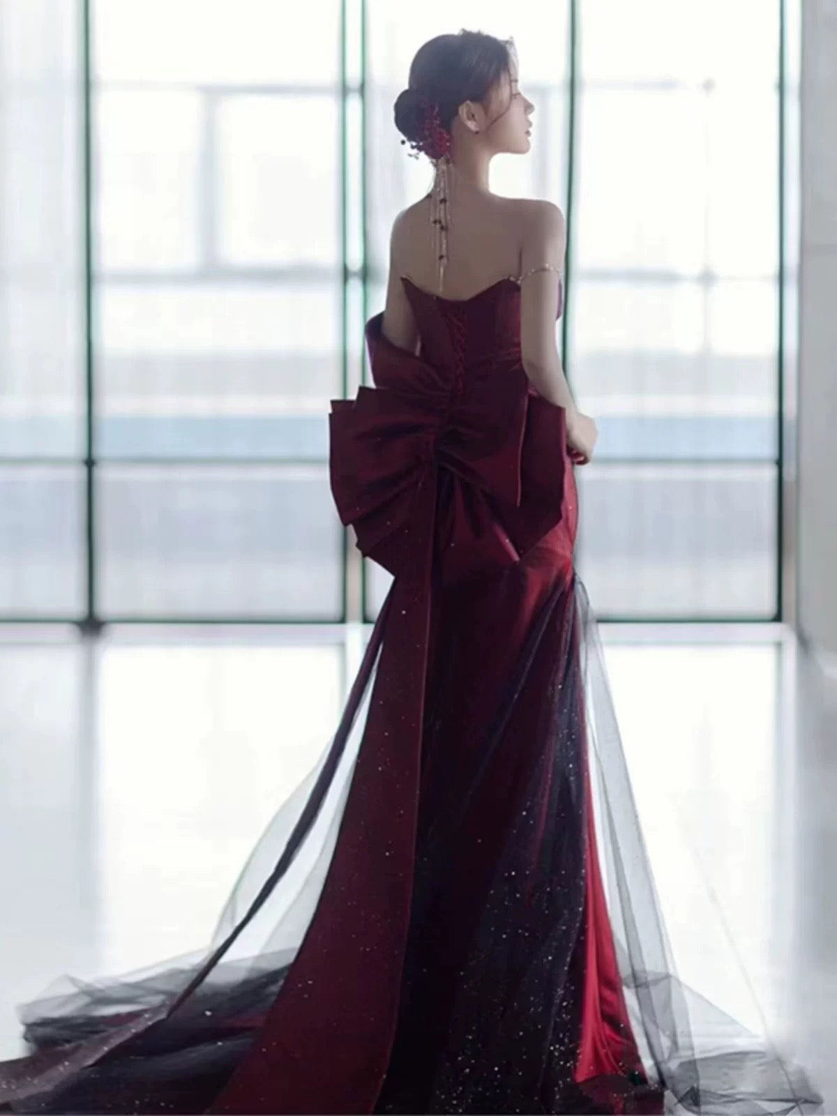 Classy Mermaid Off The Shoulder Burgundy Long Party Dress Satin Prom Dresses