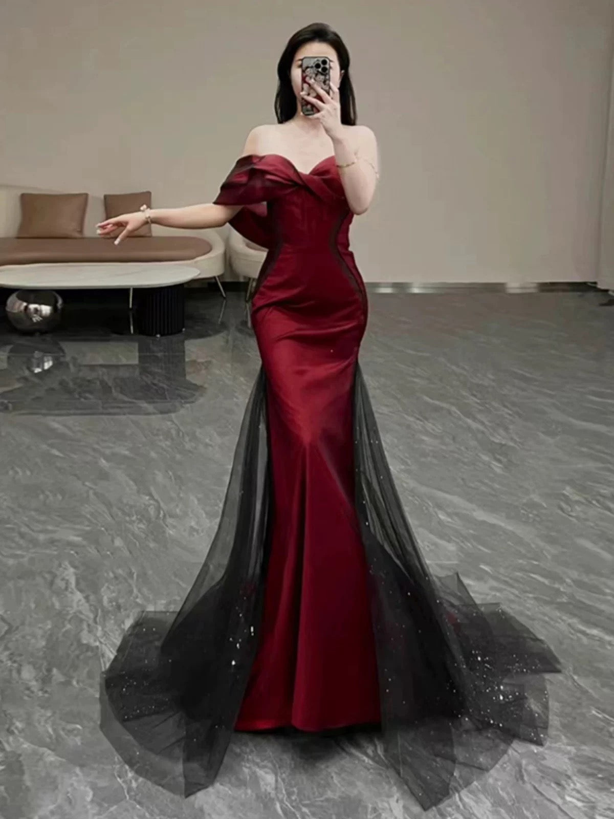 Classy Mermaid Off The Shoulder Burgundy Long Party Dress Satin Prom Dresses