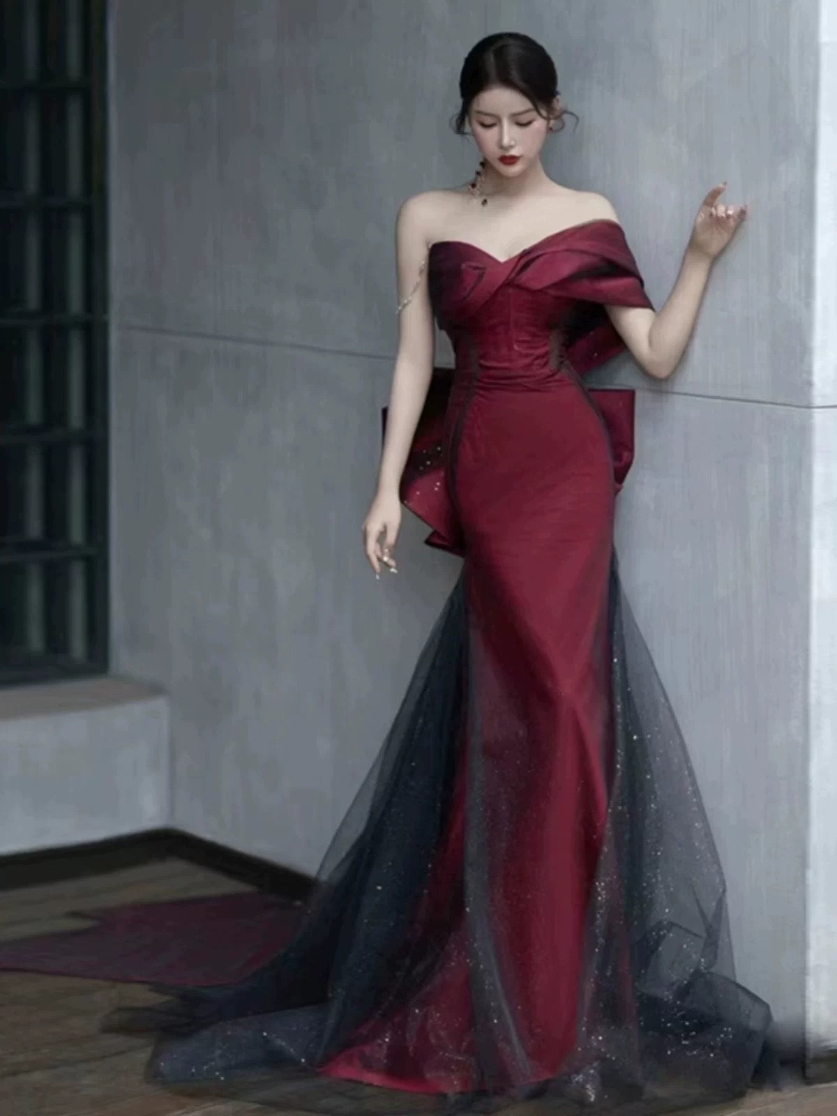 Classy Mermaid Off The Shoulder Burgundy Long Party Dress Satin Prom Dresses