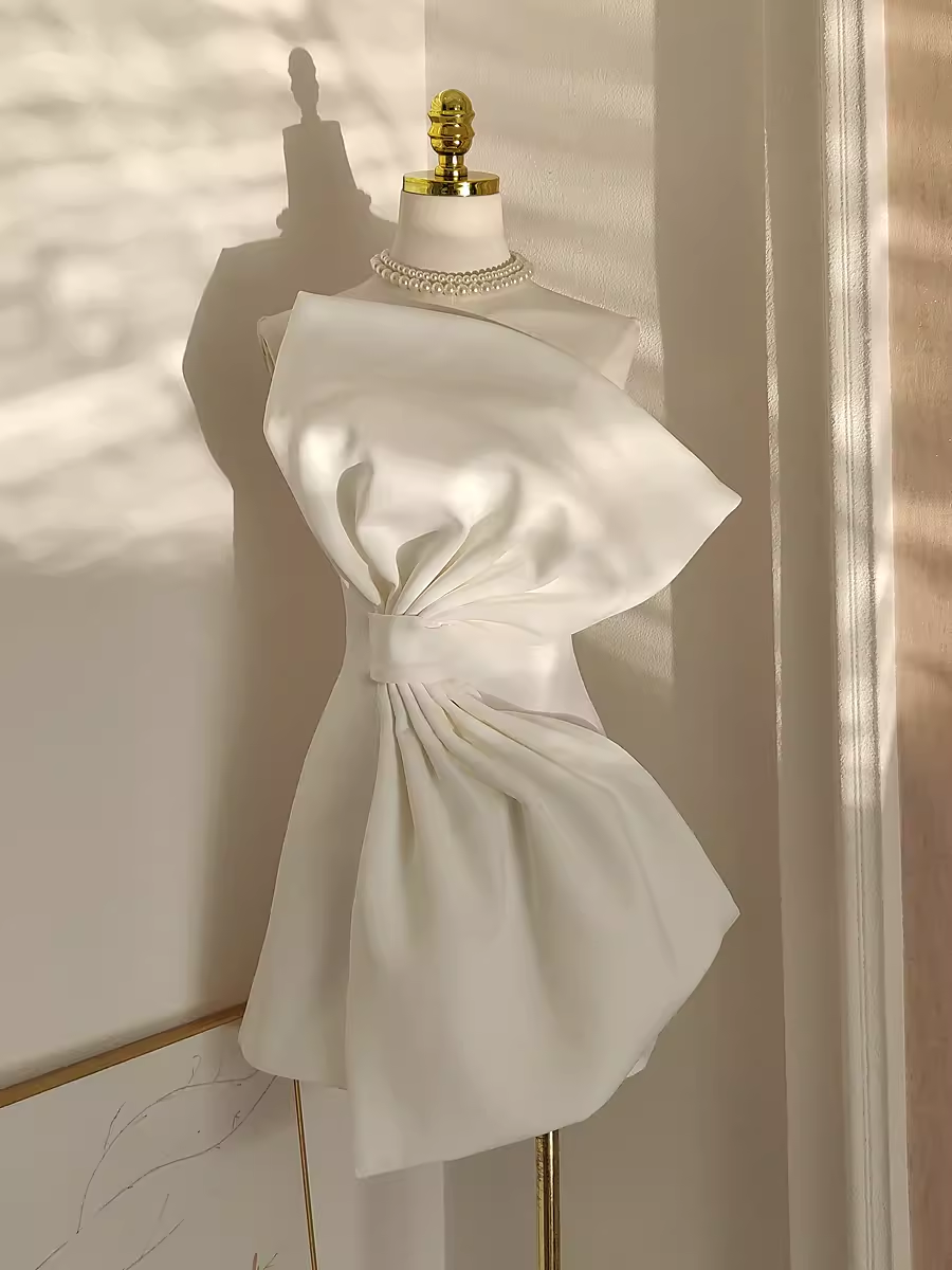 Simple A line Strapless White Travel Vacation Dresses Short Satin Birthday Dress