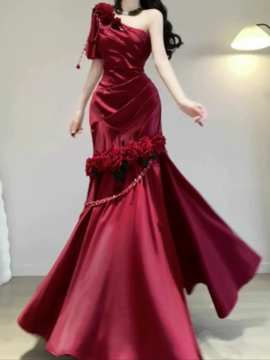 Retro Mermaid One Shoulder Black Satin Party Dress Long Prom Dresses