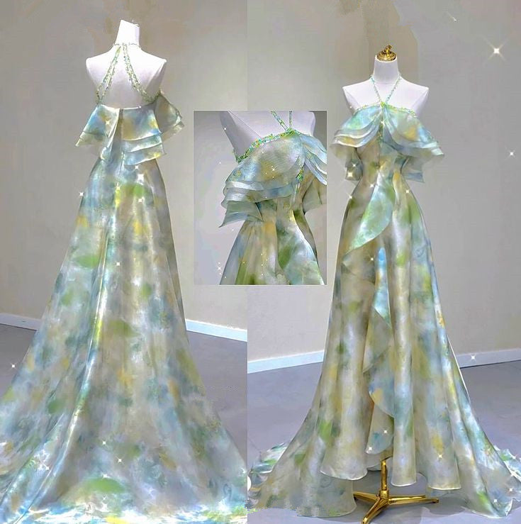 Classy A line Off The Shoulder Halter Green Floral Long Party Dress Prom Dresses