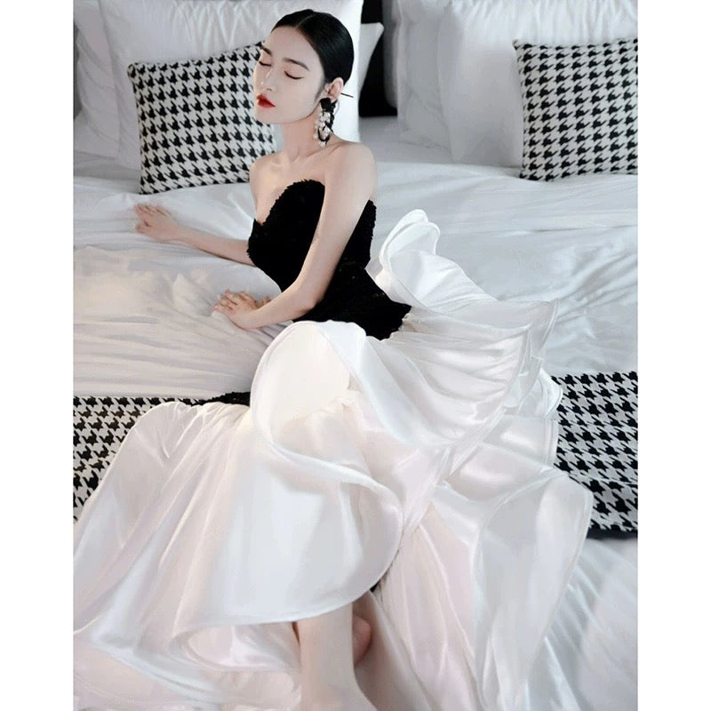 Retro Mermaid Strapless Sequin Black Satin Party Dress Long Prom Dresses