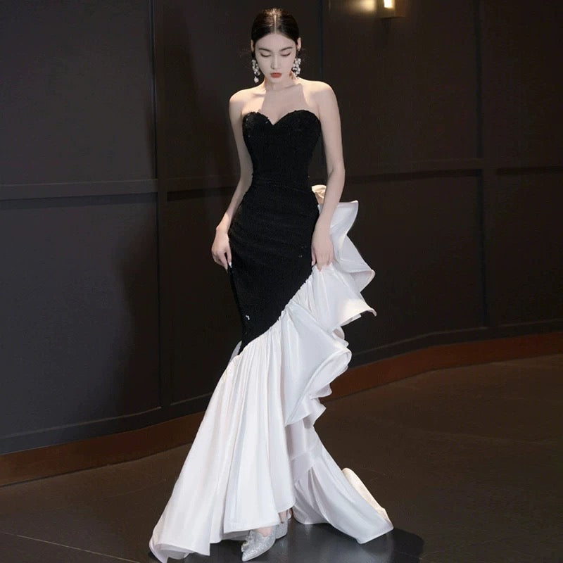 Retro Mermaid Strapless Sequin Black Satin Party Dress Long Prom Dresses