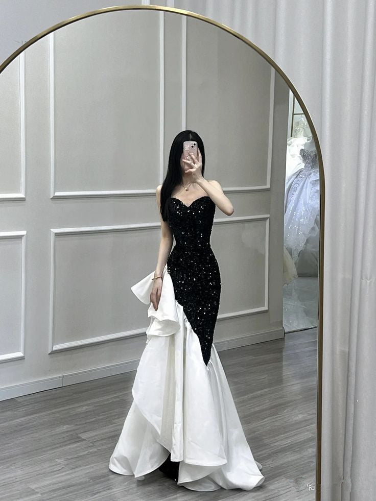 Retro Mermaid Strapless Sequin Black Satin Party Dress Long Prom Dresses