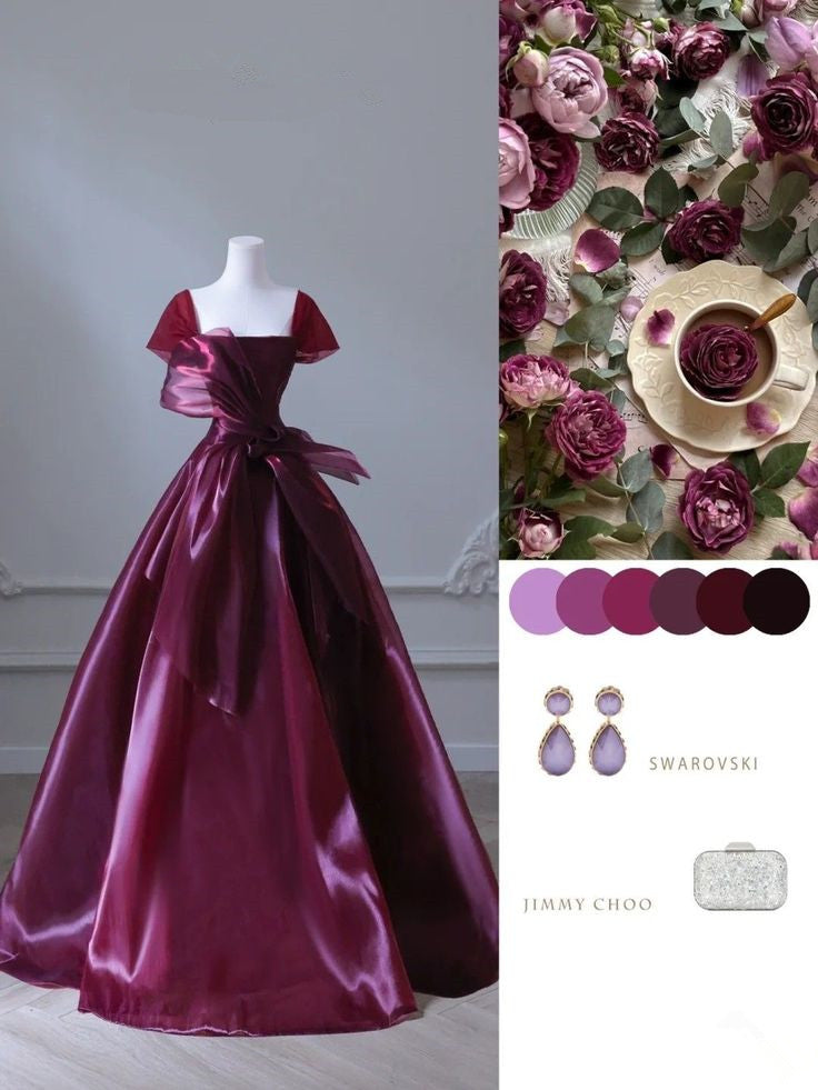 Pretty Ball Gown Square Neckline Organza Burgundy Long Evening Gown Prom Dresses