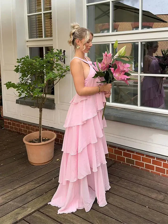 Simple A line Halter Chiffon floor-length pink prom dresses
