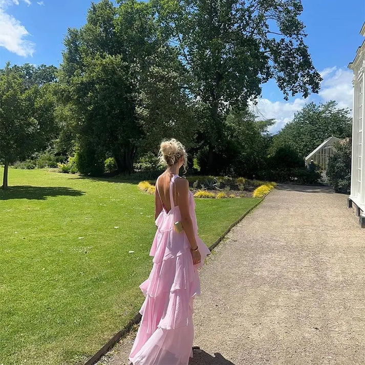Simple A line Halter Chiffon floor-length pink prom dresses