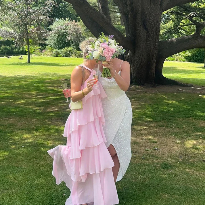 Simple A line Halter Chiffon floor-length pink prom dresses