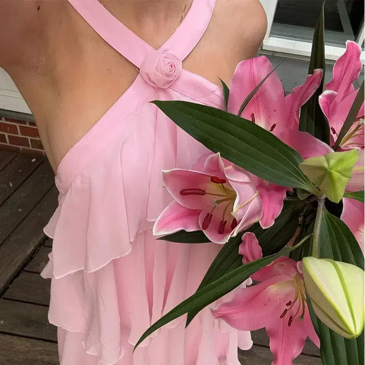 Simple A line Halter Chiffon floor-length pink prom dresses