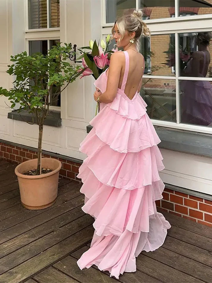 Simple A line Halter Chiffon floor-length pink prom dresses