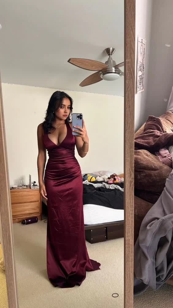 Satin Plunging V- Neckline Long Evening Dress Burgundy Prom Dresses
