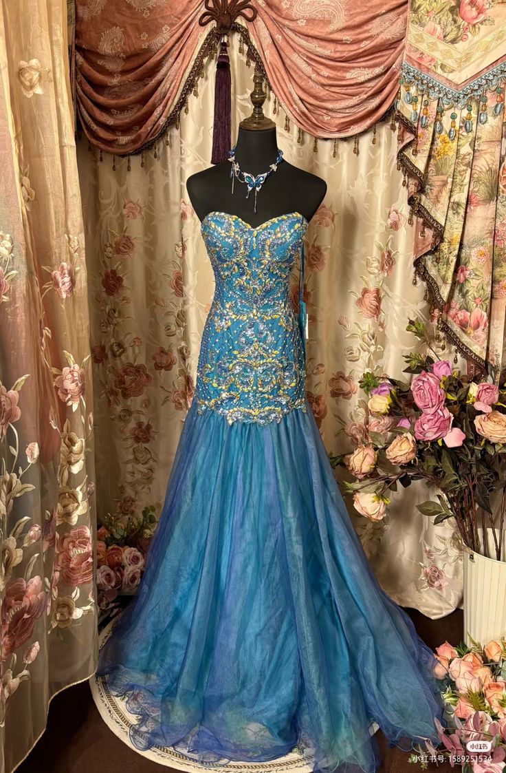 Sexy Mermaid Sweetheart Blue Long Evening Dress Beads Prom Dresses