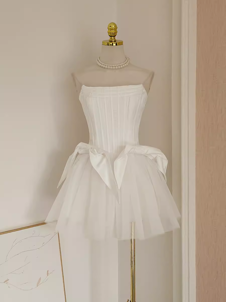 Cute A line Strapless White Travel Vacation Dresses Short Satin Birthday Dress