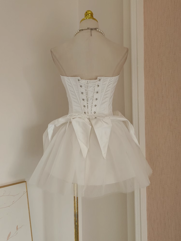 Cute A line Strapless White Travel Vacation Dresses Short Satin Birthday Dress