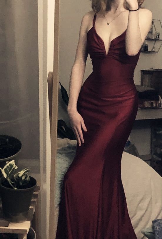 Sexy Mermaid Spaghetti Straps Burgundy Long Evening Dress Satin Prom Dresses