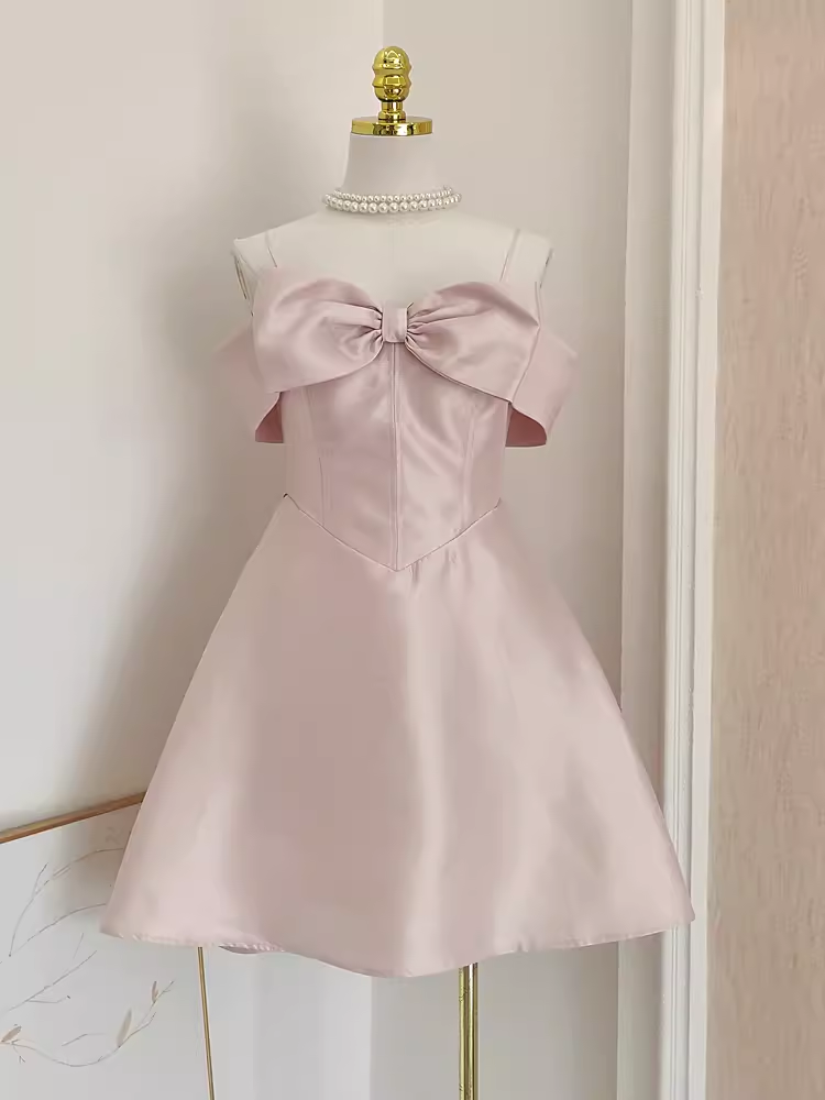 Cute A line Straps Pink Travel Vacation Dresses Short Satin Birthday Dress