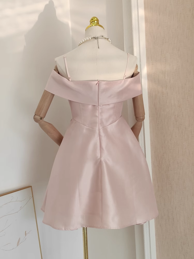 Cute A line Straps Pink Travel Vacation Dresses Short Satin Birthday Dress