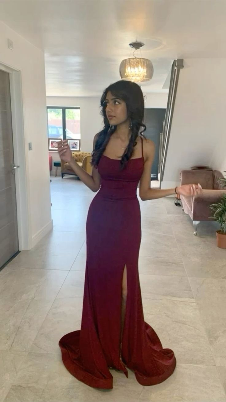 Sexy Mermaid Spaghetti Straps Burgundy Long Evening Dress Satin Prom Dresses