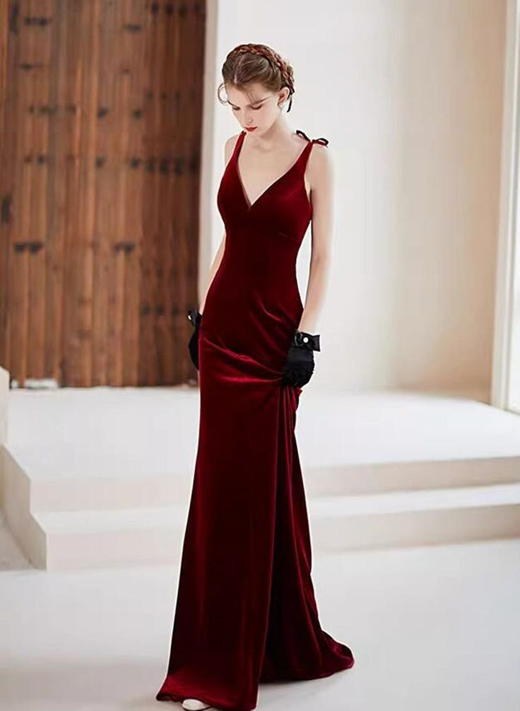 Sexy Mermaid Straps Burgundy Long Evening Dress Velvet Prom Dresses