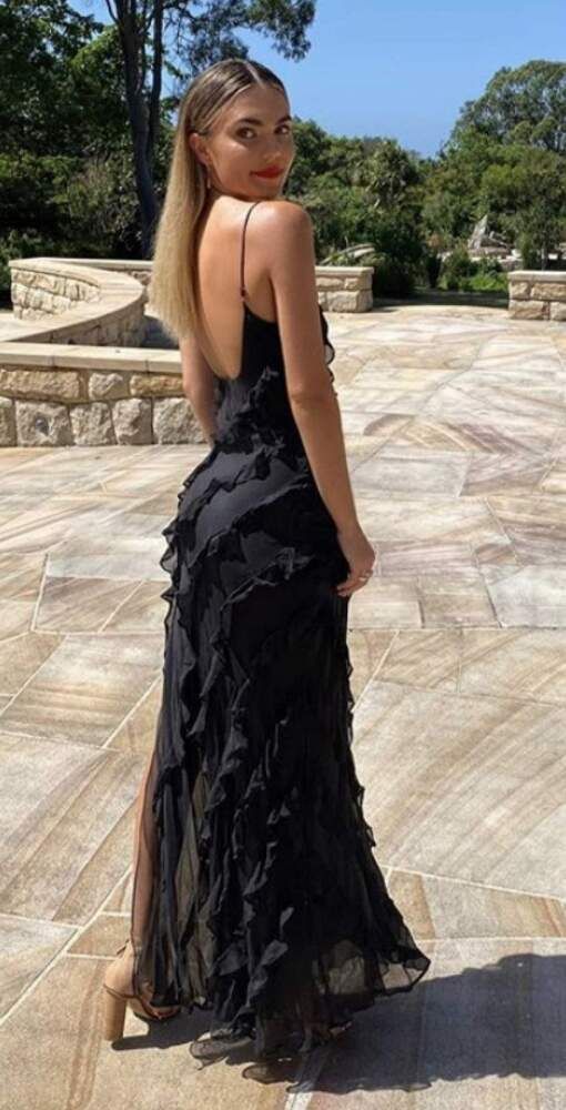 Sexy Mermaid Straps Chiffon Black Backless Prom Dresses
