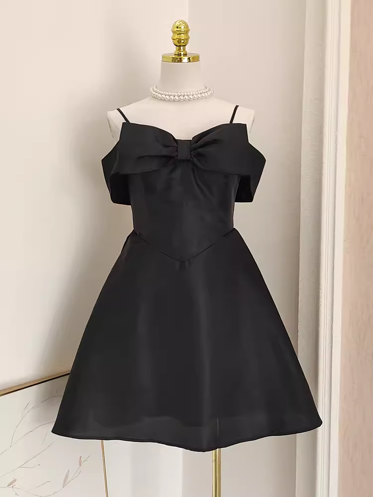 Cute A line Straps Black Travel Vacation Dresses Short Satin Birthday Dress