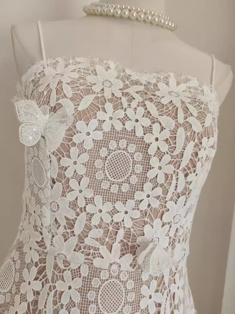 Cute A line Spaghetti Straps Lace Vacation Dress White Women Dresses