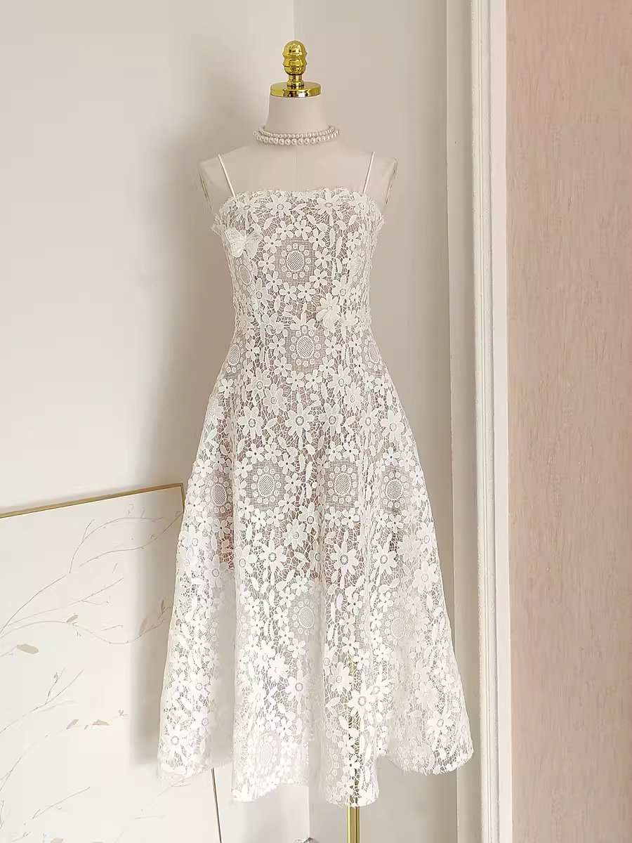 Cute A line Spaghetti Straps Lace Vacation Dress White Women Dresses