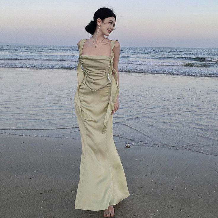 Sexy Mermaid Spaghetti Straps Satin Night Party Dress Sage Green Long Prom Dresses